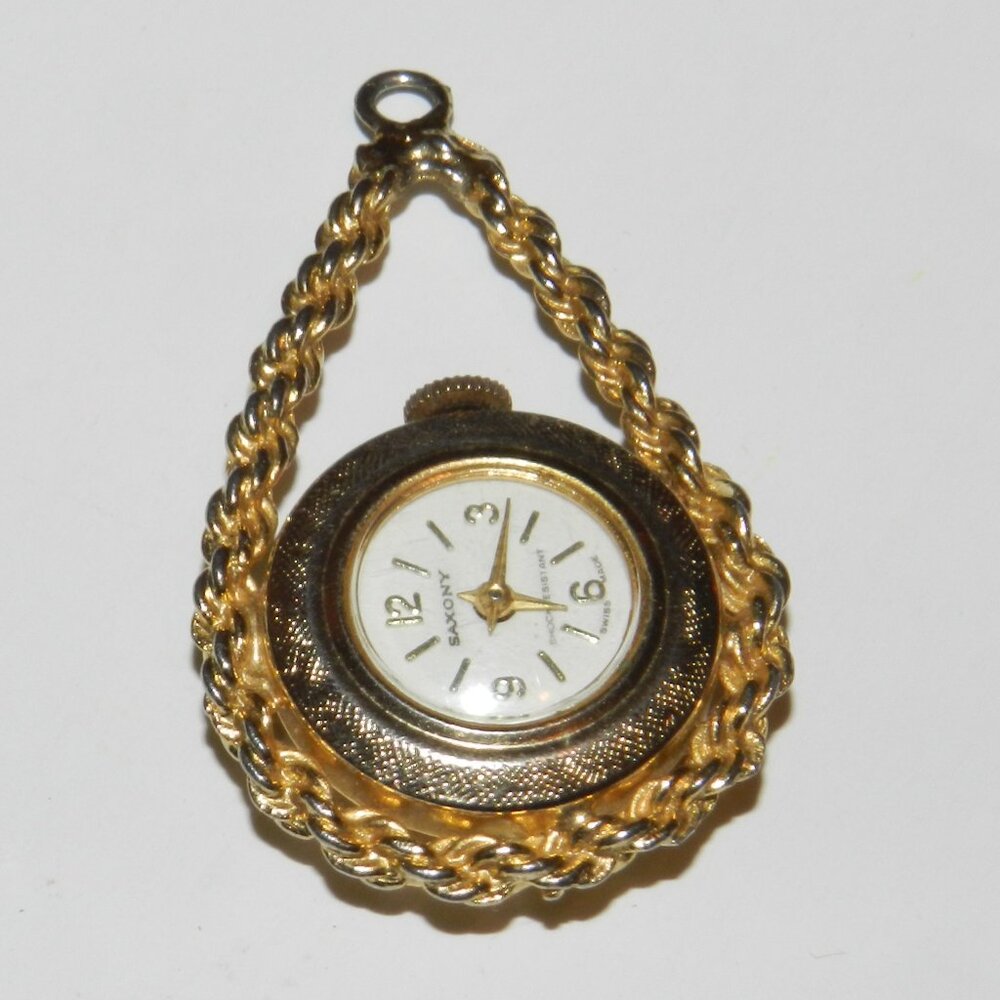 Vintage Saxony  Swiss Watch Gold Tone Pendant Necklace Women's Works!
